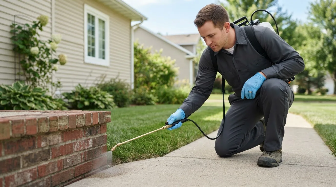Pest control technician treating a home near Saint Peter, IL
